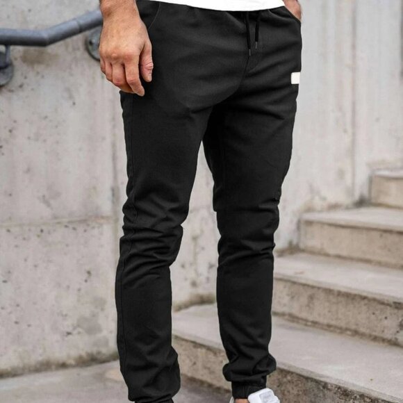 Casual Black Patched Men's Drawstring Pants - Picture 1 of 6